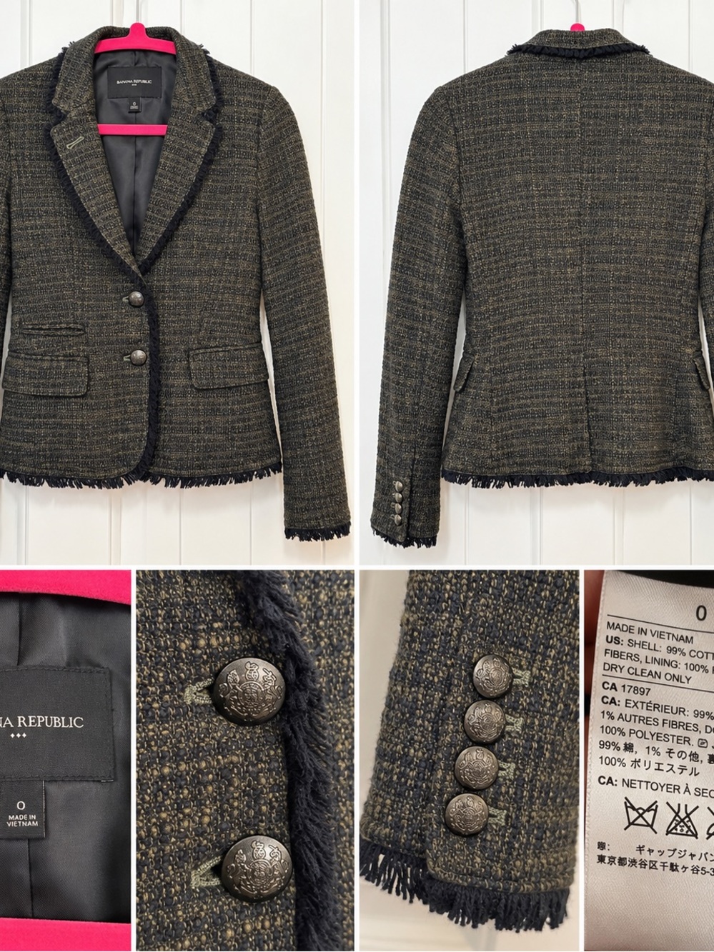 Banana Republic Olive Green Tweed Fringe-Trim Blazer